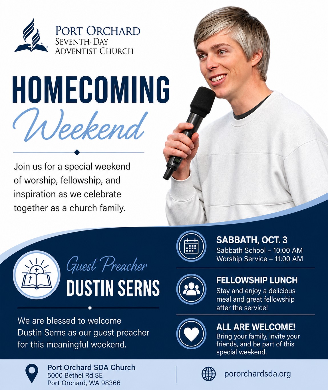 Port Orchard Seventh-day Adventist Church Homecoming Weekend, Saturday, October 3, 2026, with guest preacher Dustin Serns