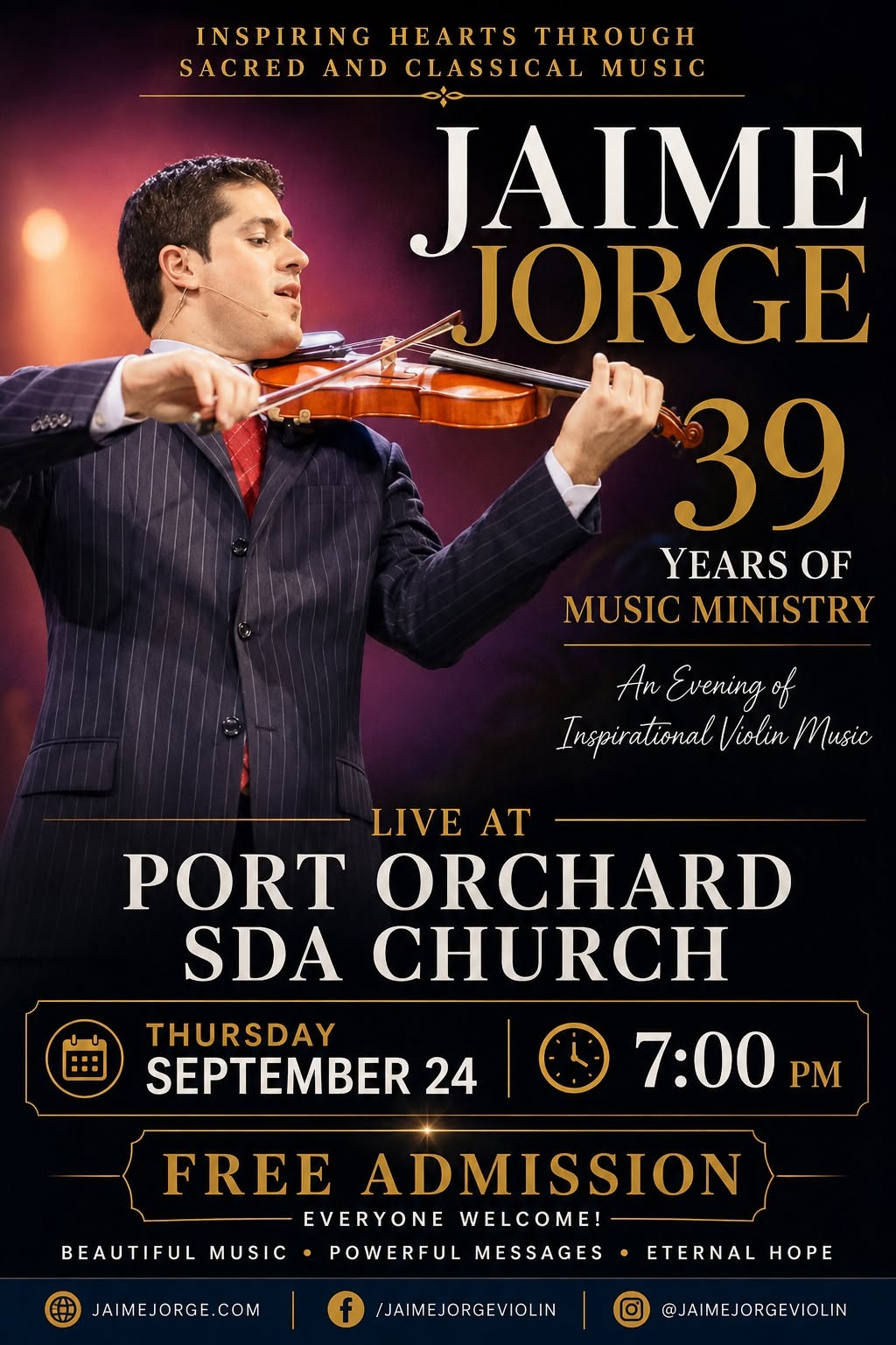 Jamie Jorge concert at Port Orchard SDA Church, September 24 at 7:00 pm, free admission