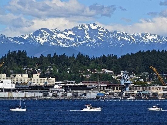 Port Orchard waterfront and Olympic Mountains