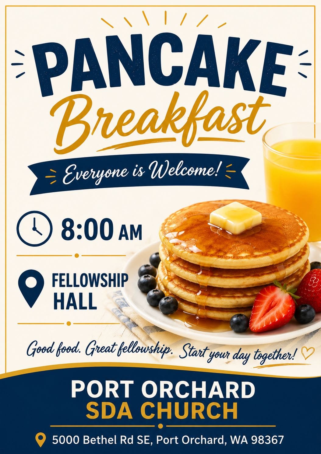 Pancake breakfast in the fellowship hall, September 19 at 8:00 am