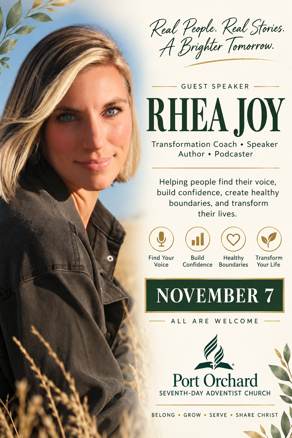 Rhea Joy guest speaker at Port Orchard Seventh-day Adventist Church, November 7 at 11:00 am
